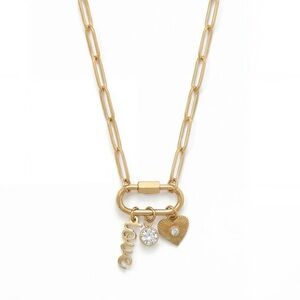18K Gold PVD Love Charm Necklace Paperclip Chain Twist-lock Carabiner 3 Charms